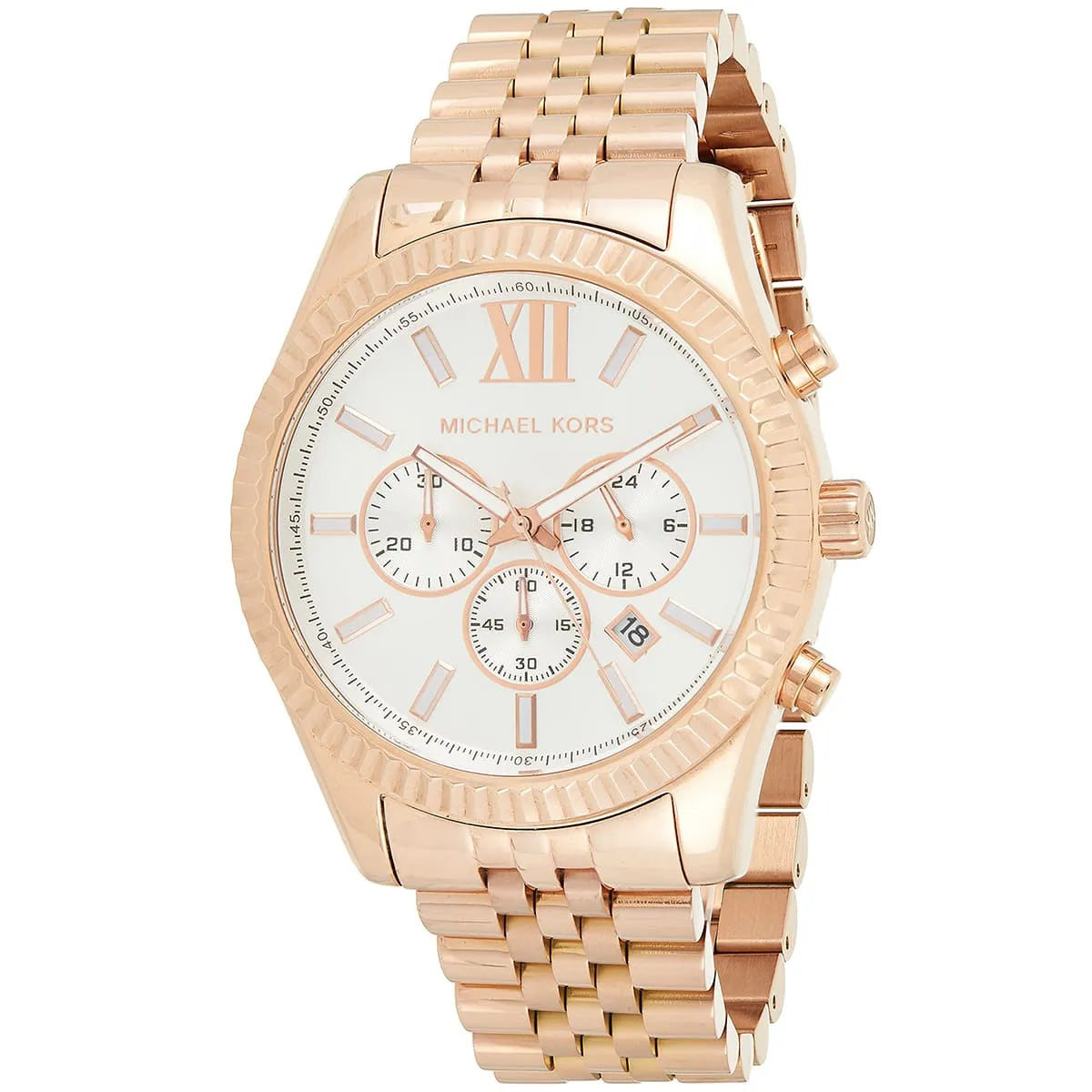 Michael Kors Lexington MK8313 watch at three-quarter angle showing rose gold bracelet