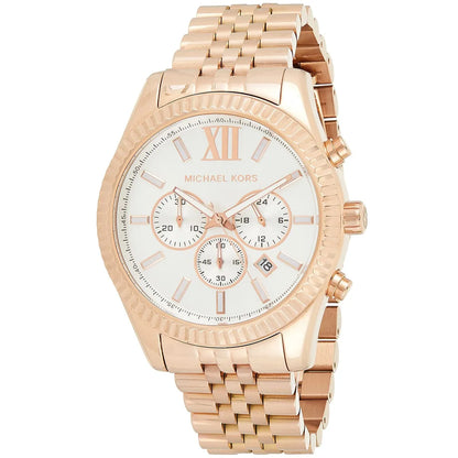 Michael Kors Lexington MK8313 watch at three-quarter angle showing rose gold bracelet