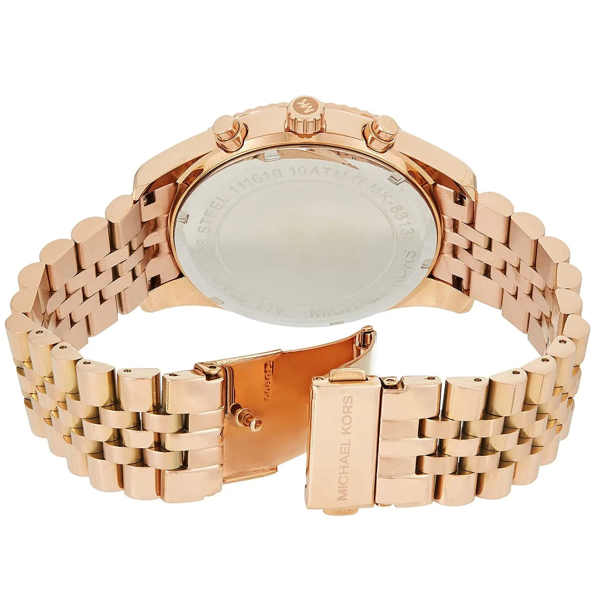 Michael Kors Lexington MK8313 watch shown from back view with bracelet clasp detail