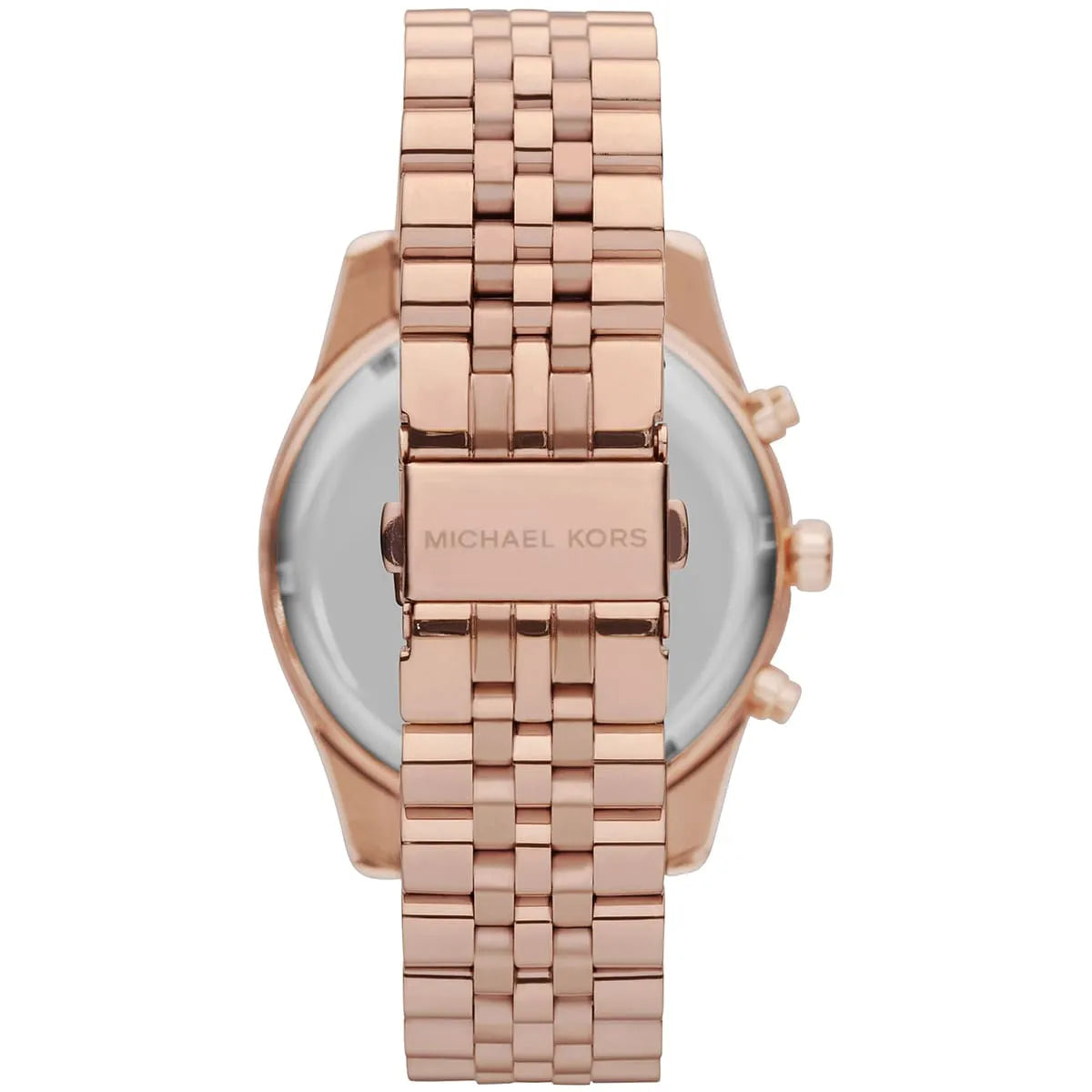 Michael Kors Lexington MK8313 watch caseback showing rose gold stainless steel back and bracelet