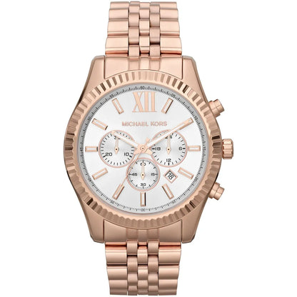 Michael Kors Lexington MK8313 chronograph watch with white dial and rose gold case and bracelet
