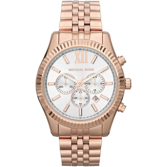 Michael Kors Lexington MK8313 chronograph watch with white dial and rose gold case and bracelet