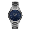 Michael Kors Slim Runway MK8584 watch with navy blue dial and gunmetal bracelet, front view