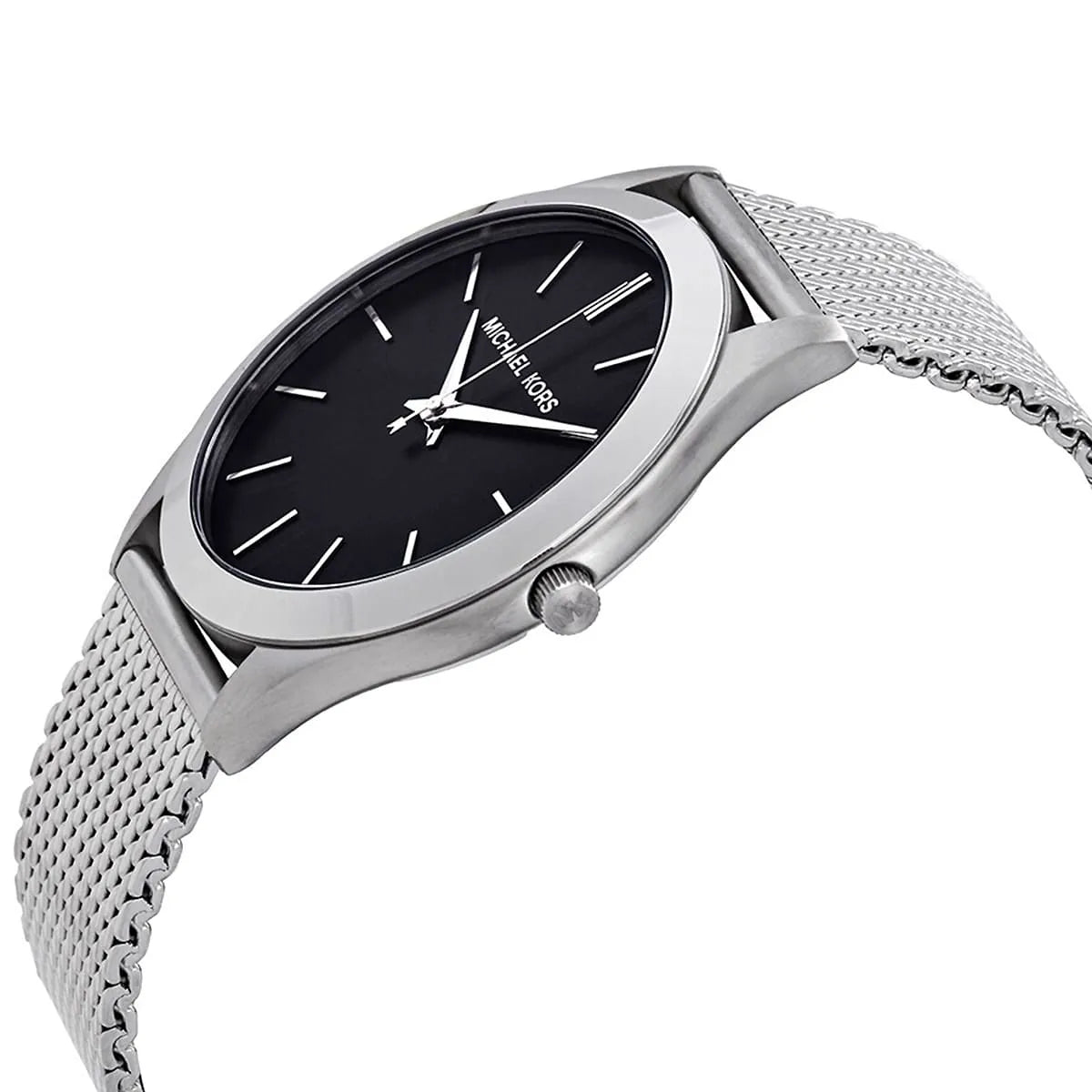 Michael Kors Slim Runway watch angled view showing black dial and silver mesh strap