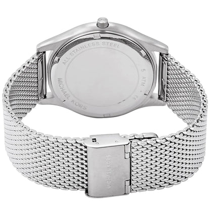 Michael Kors Slim Runway watch caseback showing stainless steel and engraved details