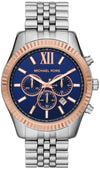Michael Kors Lexington chronograph watch with blue dial, rose gold bezel, and silver-tone bracelet