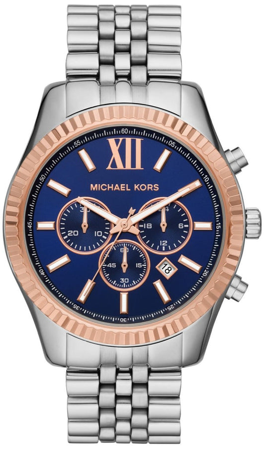Michael Kors Lexington chronograph watch with blue dial, rose gold bezel, and silver-tone bracelet