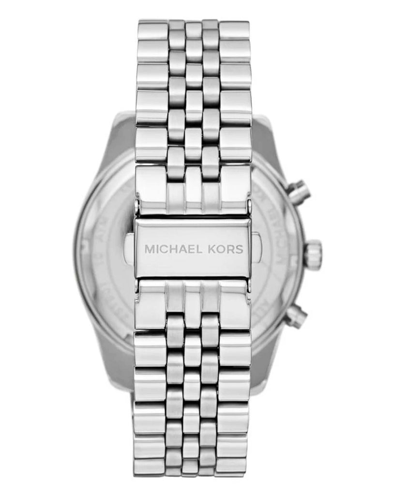 Back view of Michael Kors Lexington watch with silver-tone bracelet and case back