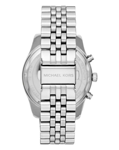 Back view of Michael Kors Lexington watch with silver-tone bracelet and case back