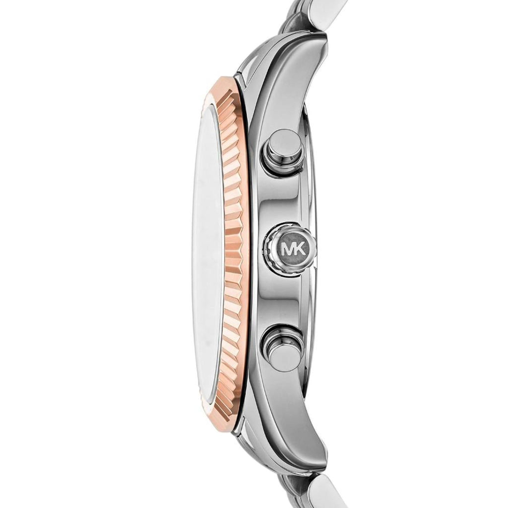 Side profile of Michael Kors Lexington watch showing rose gold bezel and silver-tone case