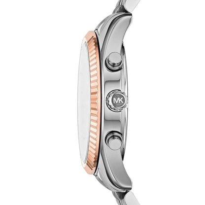 Side profile of Michael Kors Lexington watch showing rose gold bezel and silver-tone case
