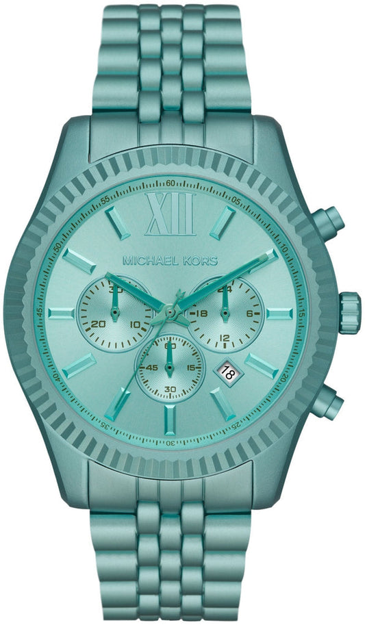 Michael Kors Lexington turquoise chronograph watch with Roman numeral dial and three subdials