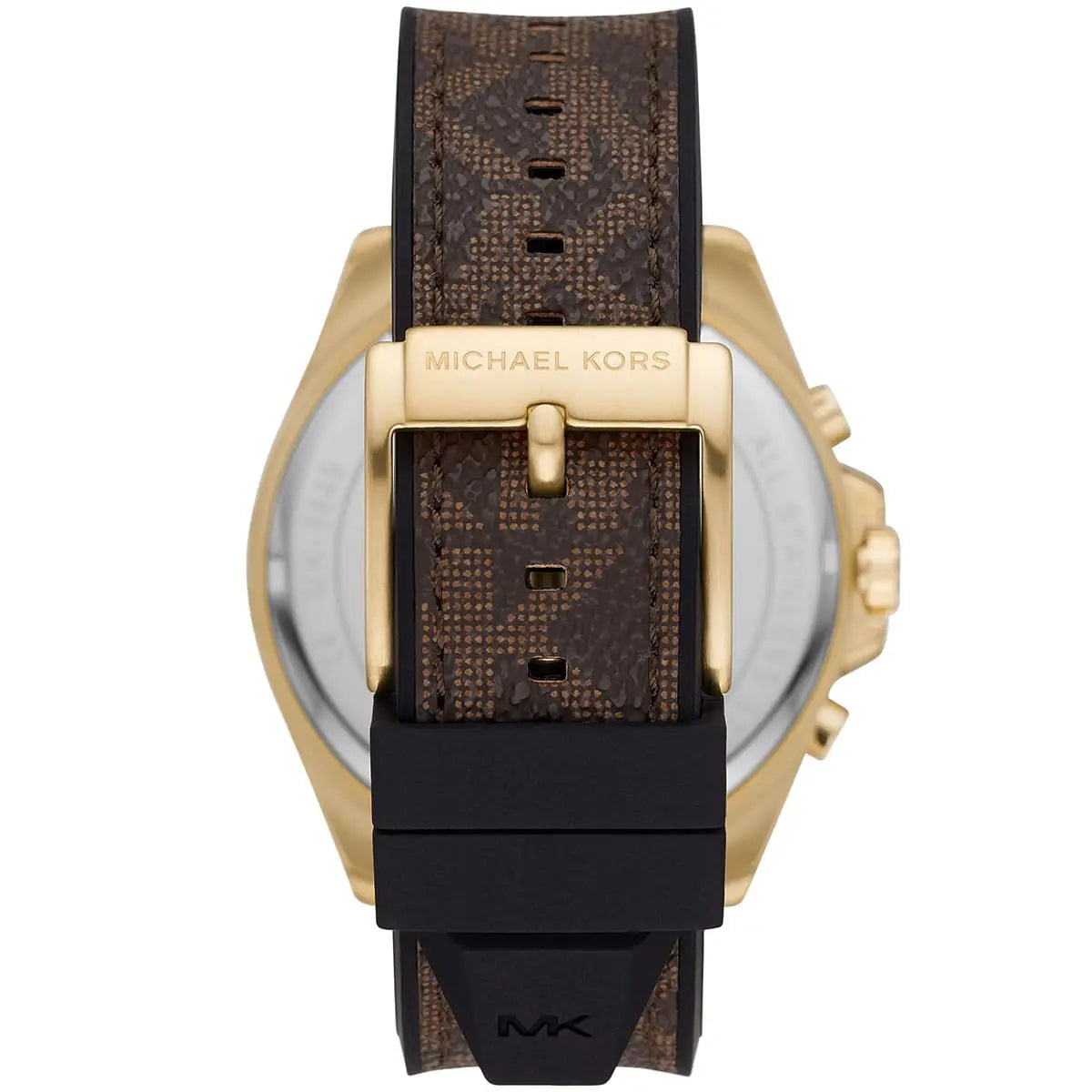 Michael Kors Brecken watch caseback showing gold-tone case and brown patterned strap detail