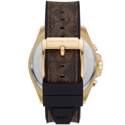 Michael Kors Brecken watch caseback showing gold-tone case and brown patterned strap detail