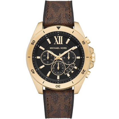 Michael Kors Brecken gold-tone chronograph watch with black dial and brown patterned strap