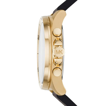 Michael Kors Brecken watch side profile displaying case depth and gold-tone chronograph pushers