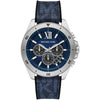 Michael Kors Brecken men's watch with blue dial, silver-tone case, and navy patterned rubber strap