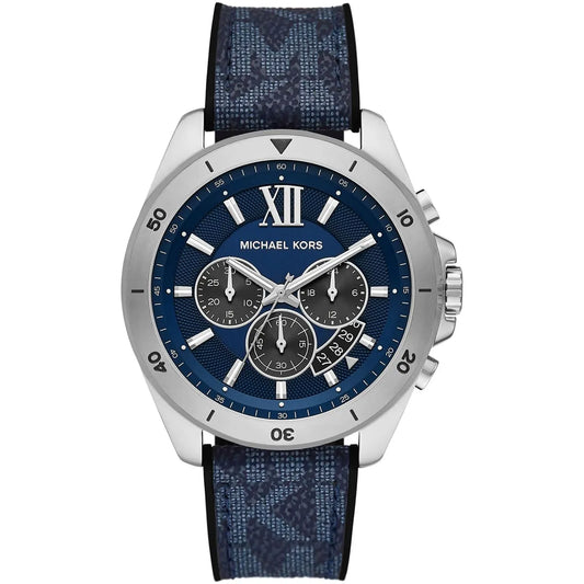 Michael Kors Brecken men's watch with blue dial, silver-tone case, and navy patterned rubber strap