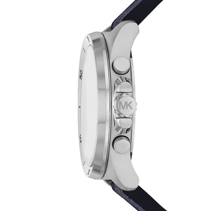 Side profile of Michael Kors Brecken watch showing silver-tone case and chronograph pushers