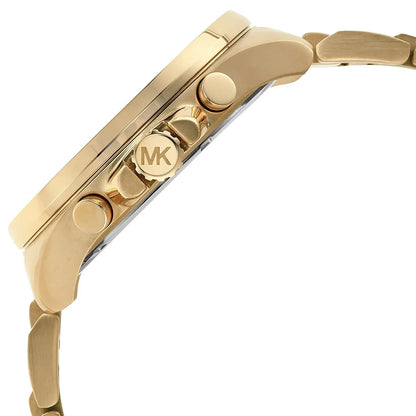Angled view of Brecken chronograph case with gold-tone pushers and MK logo