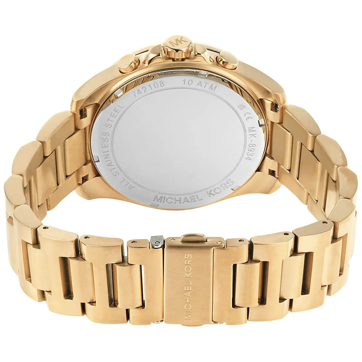 Back view of MK8934 Brecken watch showing gold-tone stainless steel bracelet and caseback