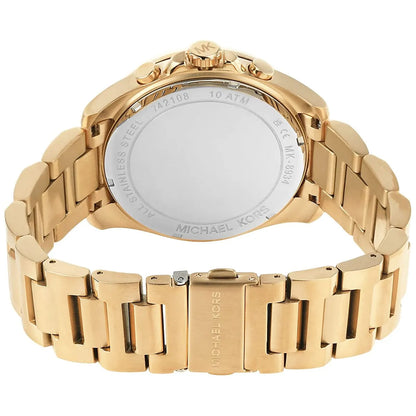 Back view of MK8934 Brecken watch showing gold-tone stainless steel bracelet and caseback