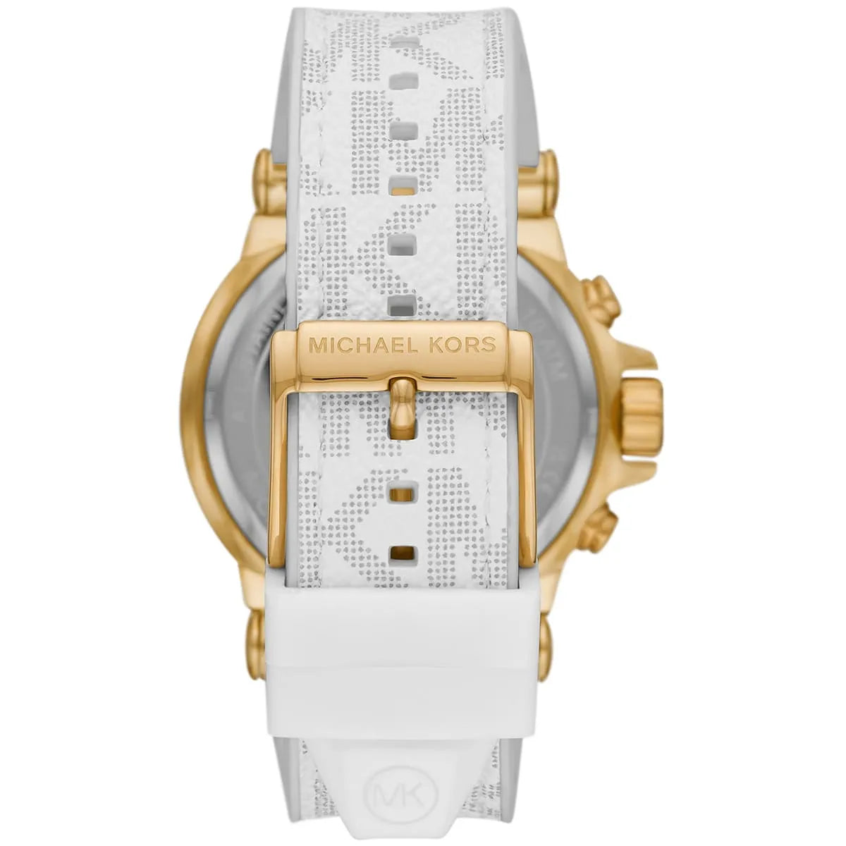 Back view of Michael Kors Dylan watch displaying white patterned strap and gold-tone caseback
