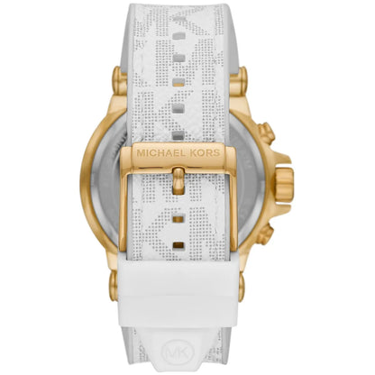 Back view of Michael Kors Dylan watch displaying white patterned strap and gold-tone caseback
