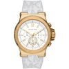 Michael Kors Dylan chronograph watch with white dial, gold-tone case, and white patterned silicone strap
