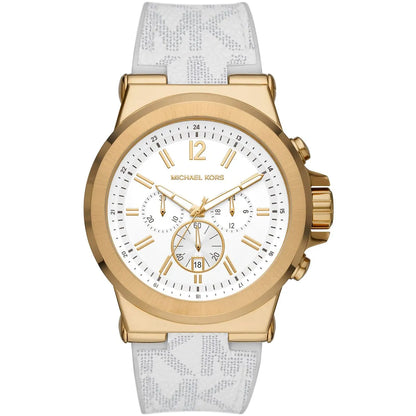 Michael Kors Dylan chronograph watch with white dial, gold-tone case, and white patterned silicone strap