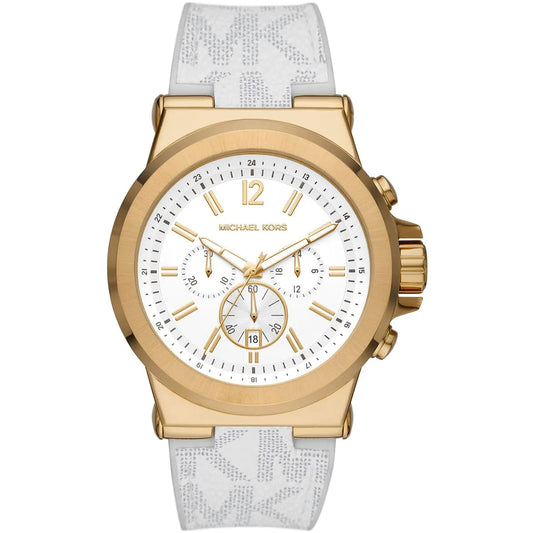 Michael Kors Dylan chronograph watch with white dial, gold-tone case, and white patterned silicone strap