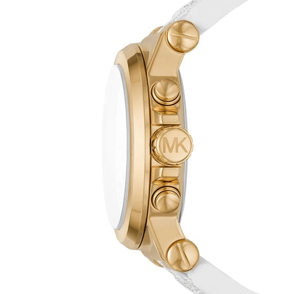 Side view of Michael Kors Dylan watch showing gold-tone case with chronograph pushers and white strap