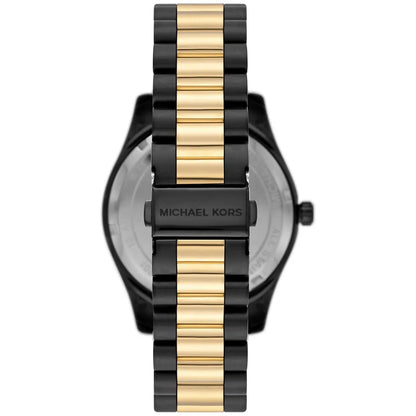 Michael Kors Lexington watch caseback with two-tone black and gold stainless steel bracelet