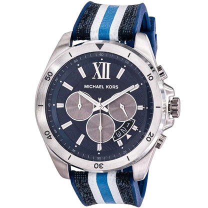 Michael Kors Brecken watch at angle showing silver case and striped strap detail