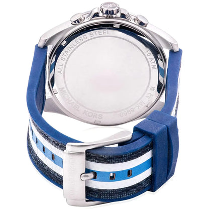 Michael Kors Brecken watch caseback showing stainless steel and blue strap