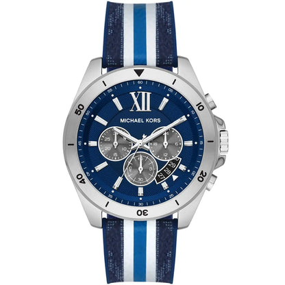 Michael Kors Brecken chronograph men's watch with navy blue dial and blue/white striped strap