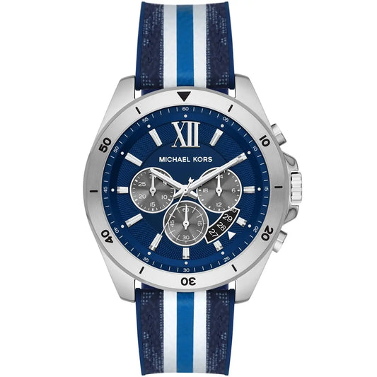 Michael Kors Brecken chronograph men's watch with navy blue dial and blue/white striped strap