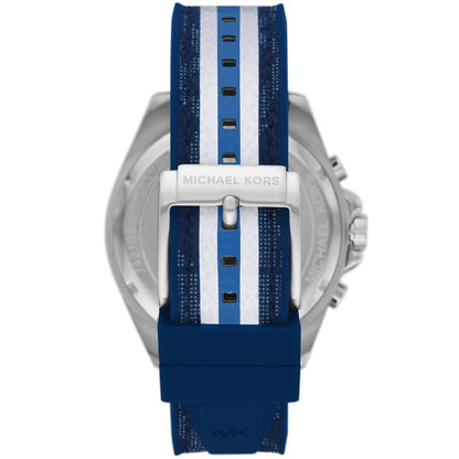 Michael Kors Brecken watch showing blue/white striped PVC rubber strap detail