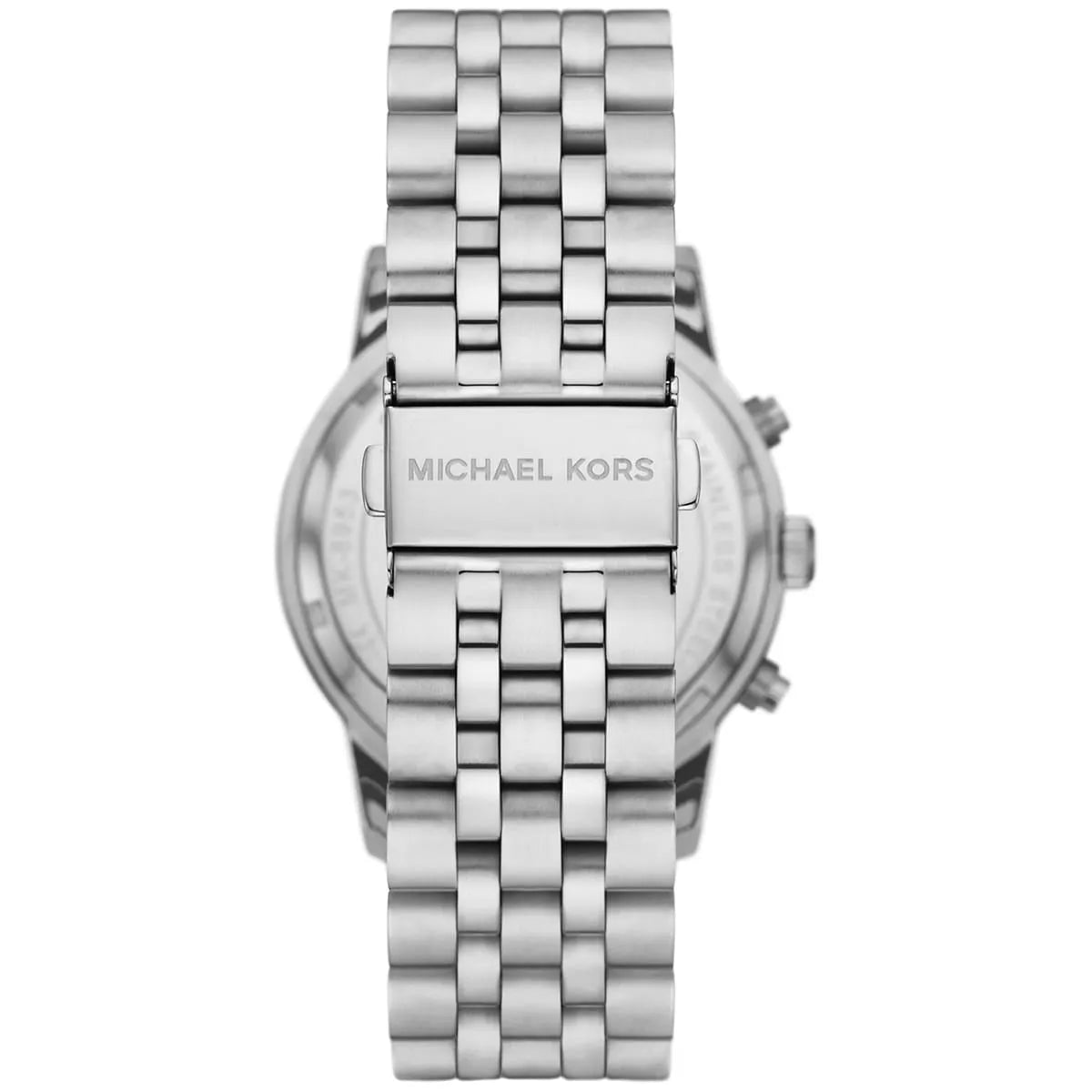 Michael Kors Hutton watch caseback view with silver stainless steel bracelet