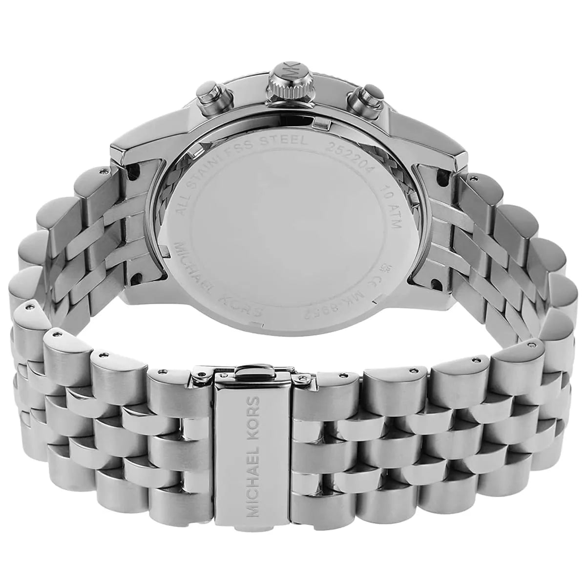Michael Kors Hutton caseback showing stainless steel bracelet and crown detail