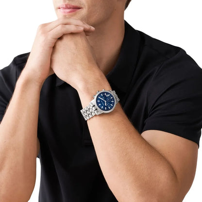 Michael Kors Hutton blue dial chronograph watch worn on wrist