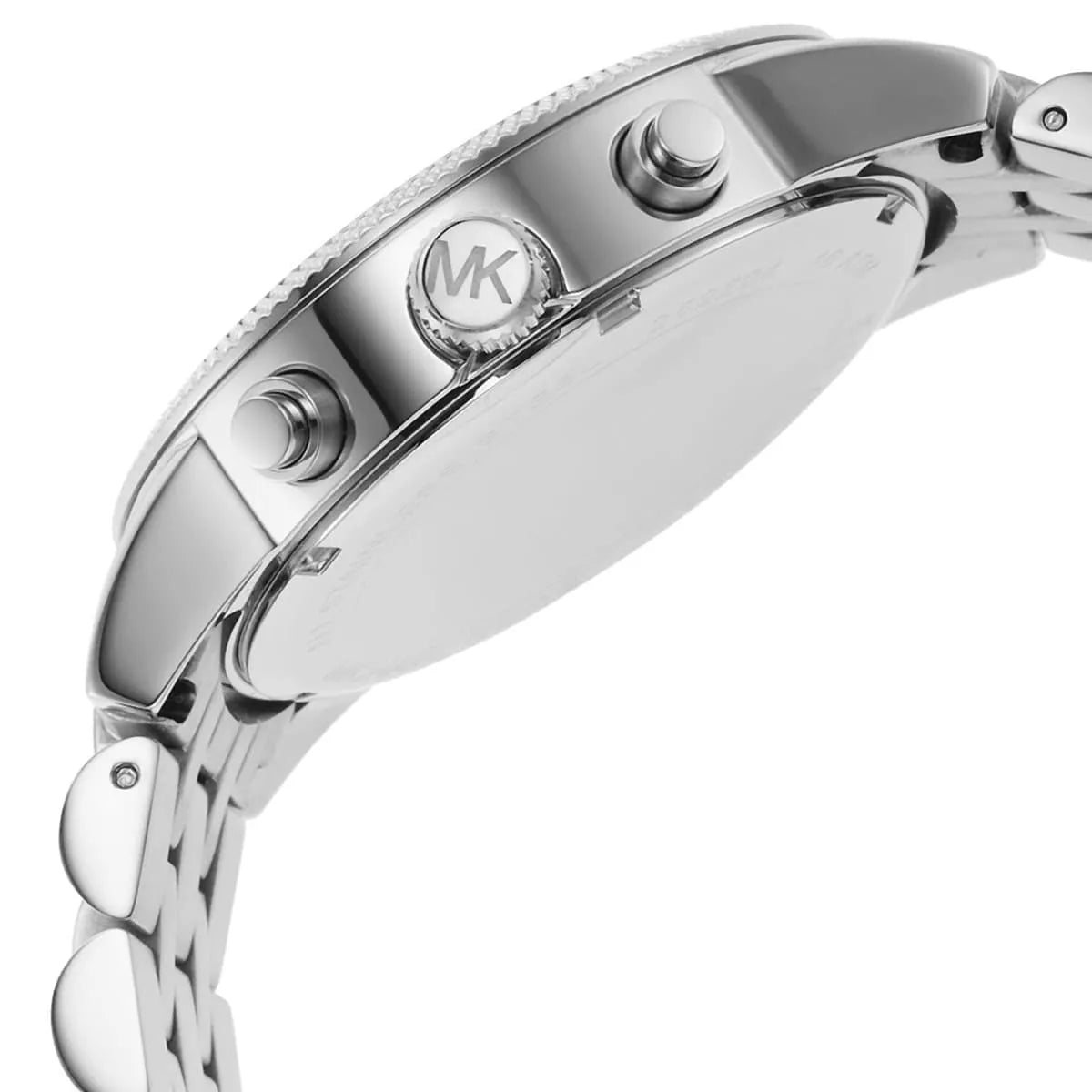 Michael Kors Hutton side profile showing chronograph pushers and MK logo on case