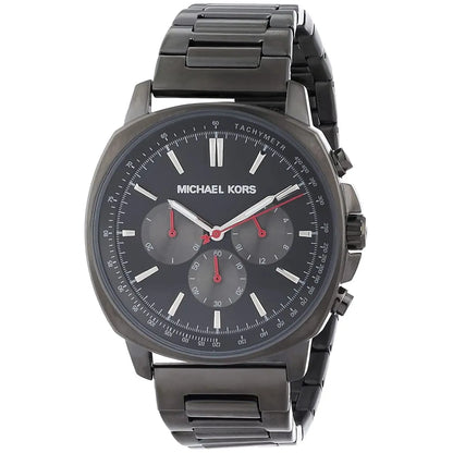 Michael Kors Sullivan watch angled view showing black dial, chronograph subdials and gunmetal bracelet