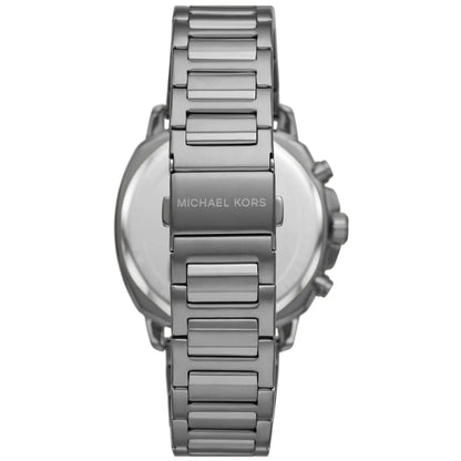 Michael Kors Sullivan watch caseback showing gunmetal stainless steel bracelet and engraved case