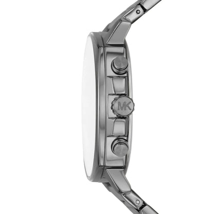 Michael Kors Sullivan watch side profile showing gunmetal case thickness and crown with MK logo