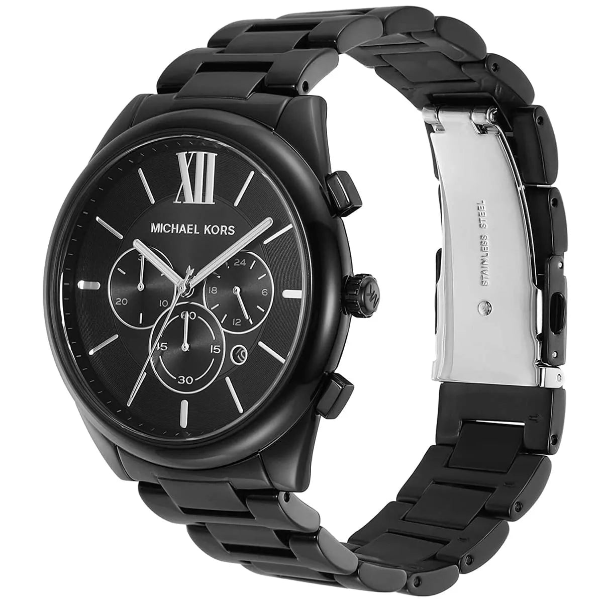 Michael Kors Janelle MK8993 side angle view showing black stainless steel strap and case