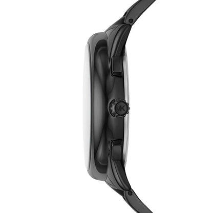 Michael Kors Janelle MK8993 side profile of black watch case and stainless steel strap