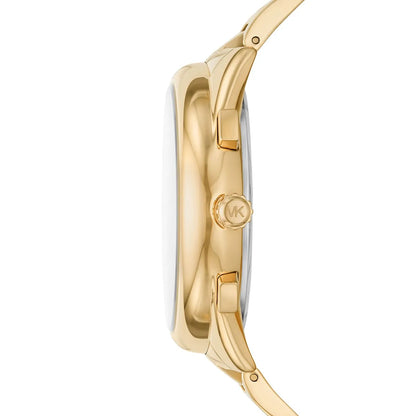 Side profile of Michael Kors MK8995 gold-tone watch showing case thickness and crown