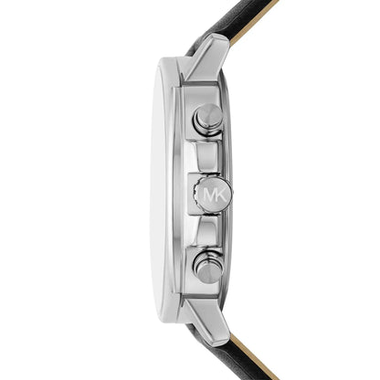 Michael Kors Sullivan watch side view showing silver case profile and black leather strap