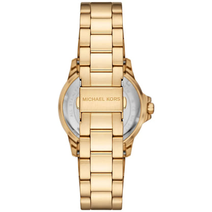 Michael Kors Everest caseback showing stainless steel case back with branding and strap